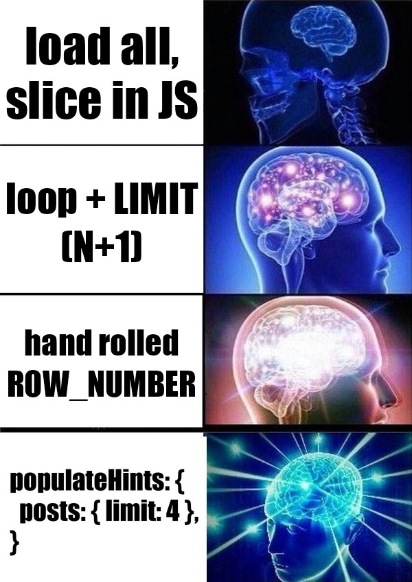 Expanding brain: from "load it all, slice in JS" to "ROW_NUMBER() OVER PARTITION BY"
